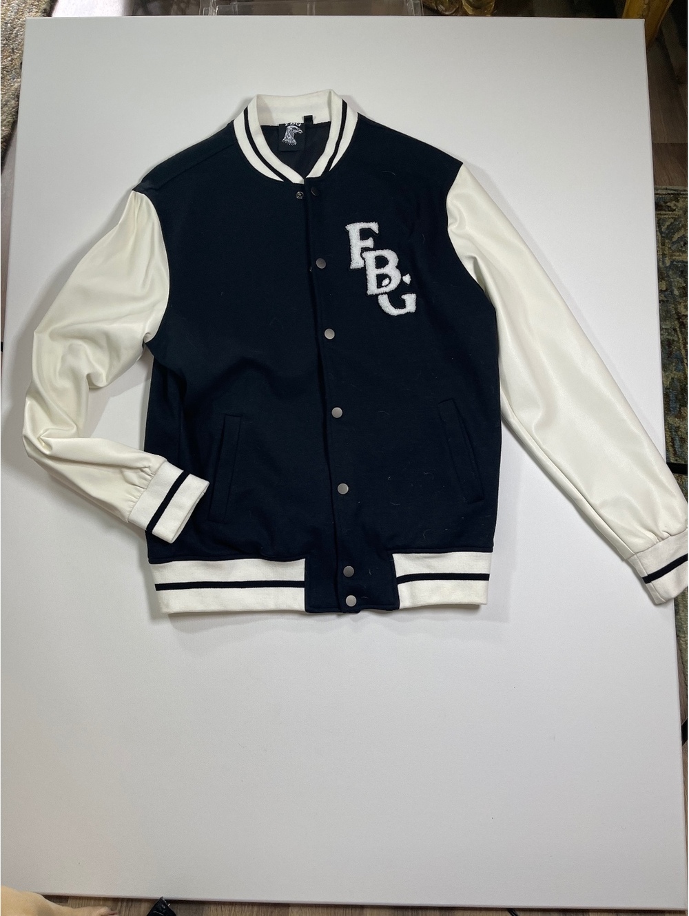 FBG Varsity Jacket with White Leather Sleeves and Black Wool